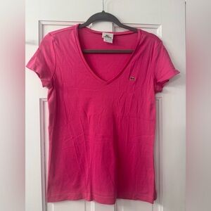 Lacoste Women's Bright Pink V-Neck Tee